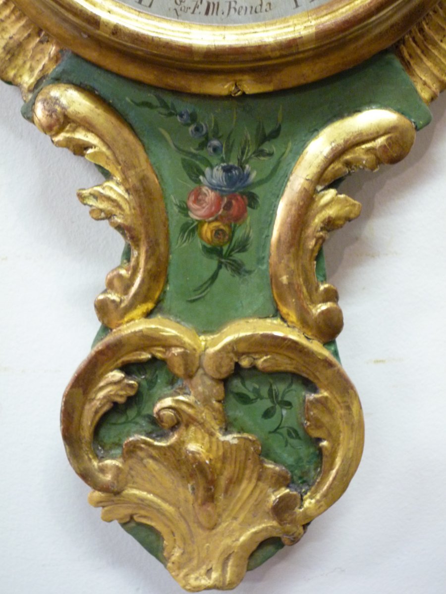 Barometer Louis XV Gilded Wood And Painted With Flowers.-photo-4