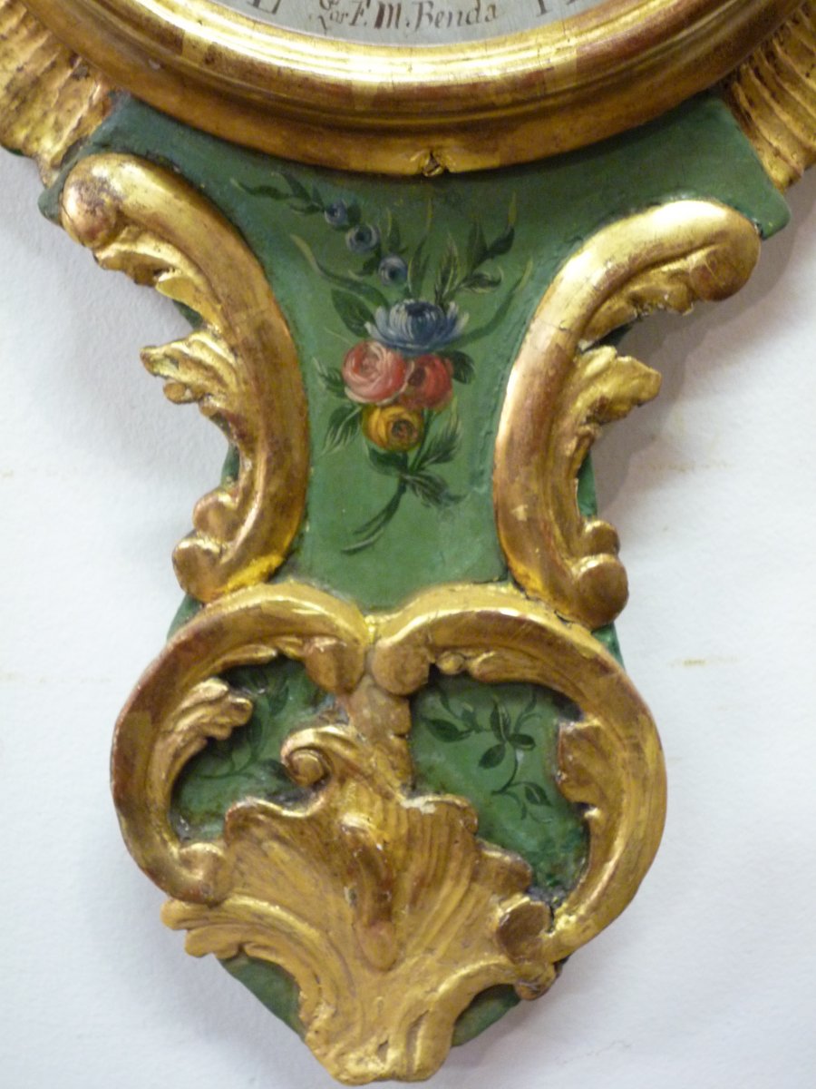 Baromètre Louis XV en bois doré et peint à décor de fleurs.-photo-4