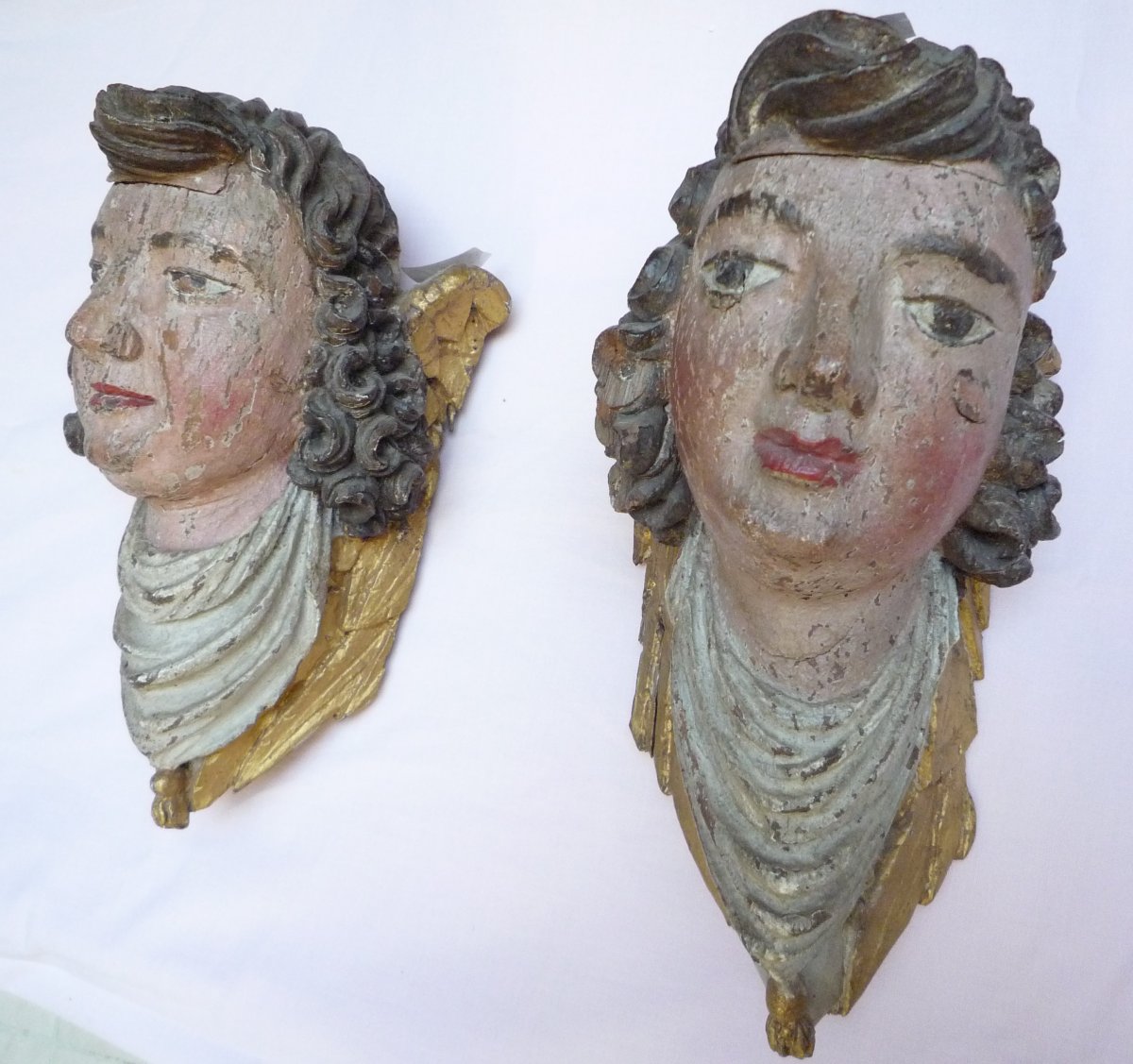 Two Heads Of Angels In Carved Wood Painted And Gilded Seventeenth Century.-photo-2