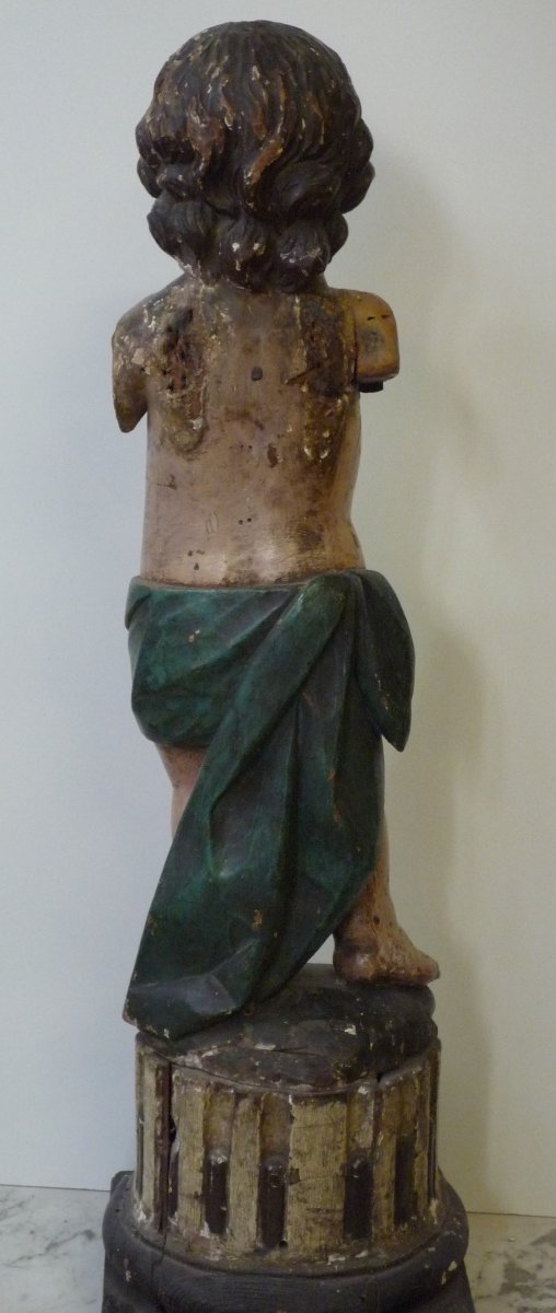 Child's Statue In Carved Polychrome Wood On A Fluted Column Base-photo-3