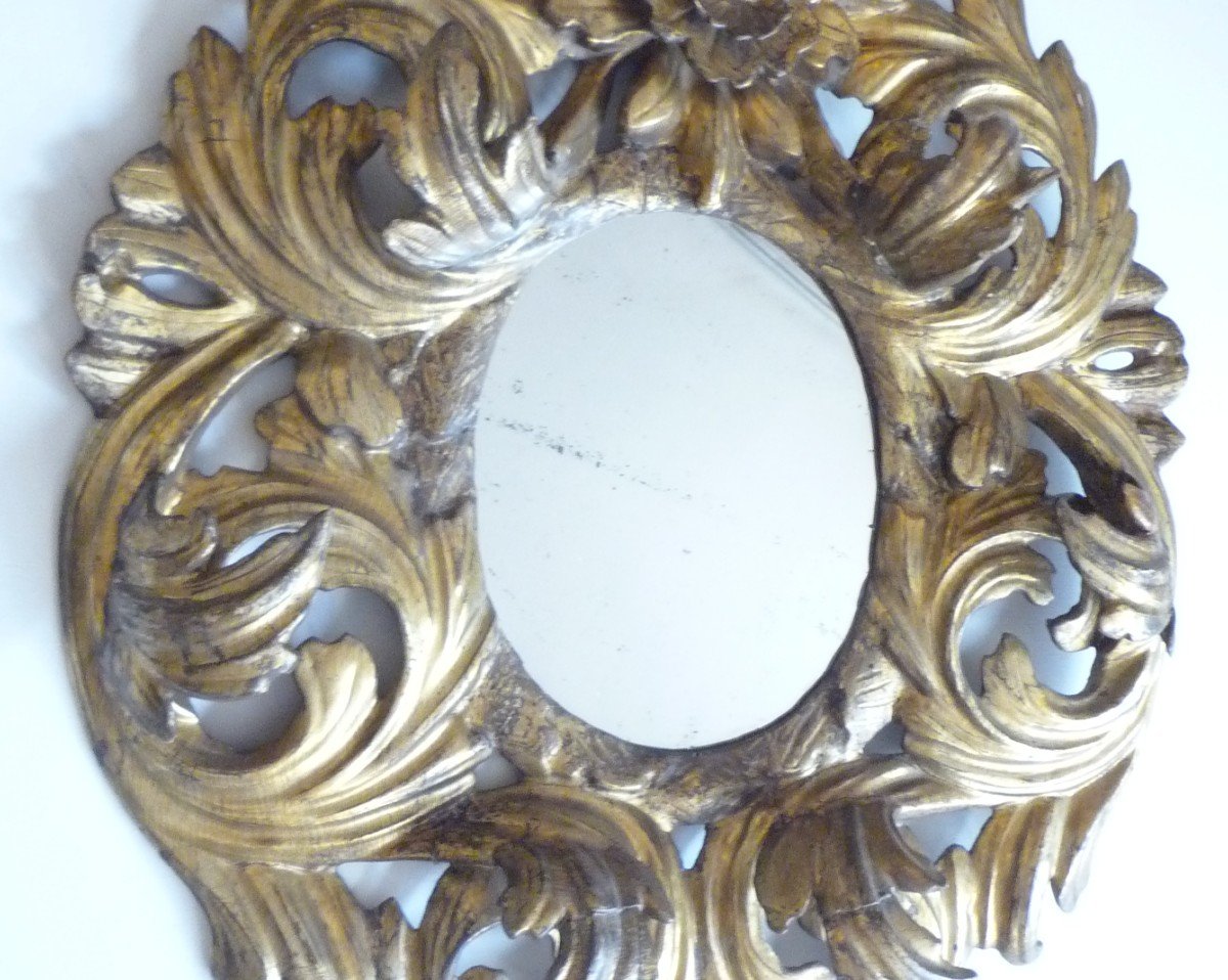 Silver Carved Wooden Mirror With Golden Reflections