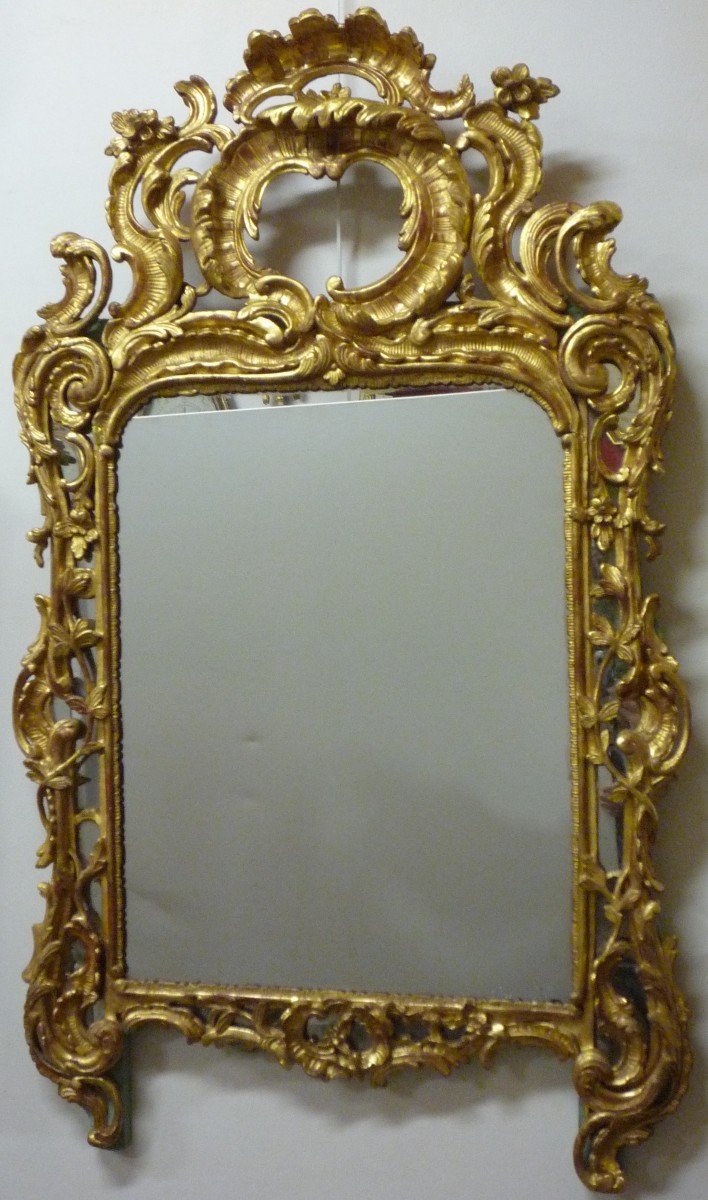 Miroir à parcloses d'époque Louis XV en bois sculpté doré-photo-2