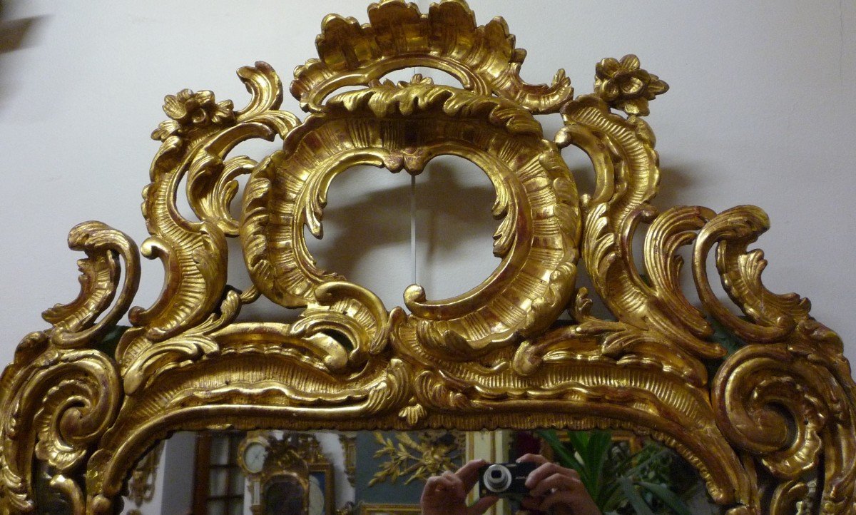 Miroir à parcloses d'époque Louis XV en bois sculpté doré-photo-3