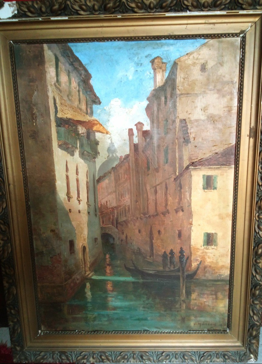 Grand Tableau '' vue de Venise''  ,  signé  G  Mareau   circa 1910 -photo-2