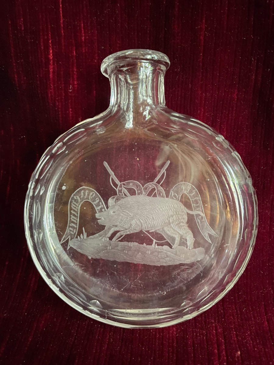 Flask Bottle Hunting Gourd Sarreguemines Shooting Society Engraved XIXth Glassware Wild Boar-photo-2