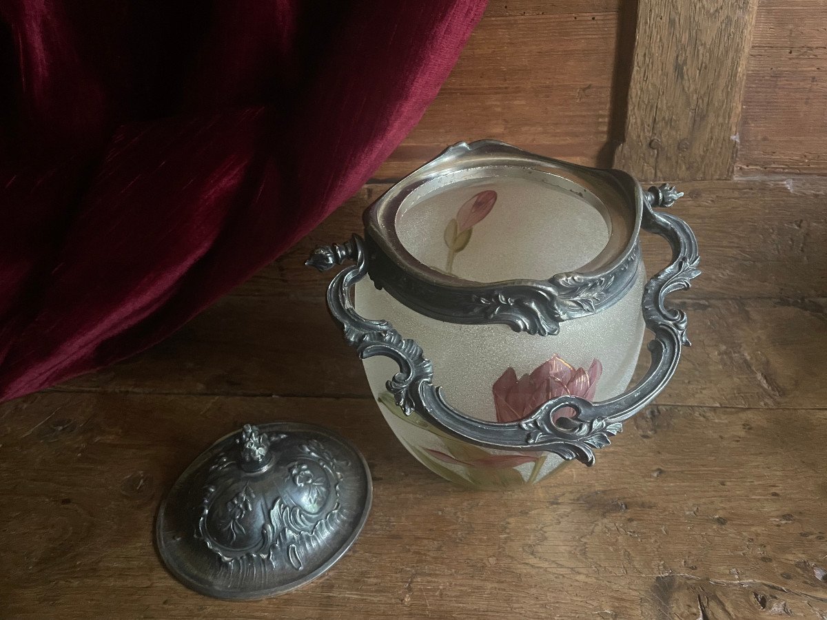 Pot Seau à Biscuits en Verre Emaillé Couvercle et Anse en Métal Argenté début XXème -photo-2