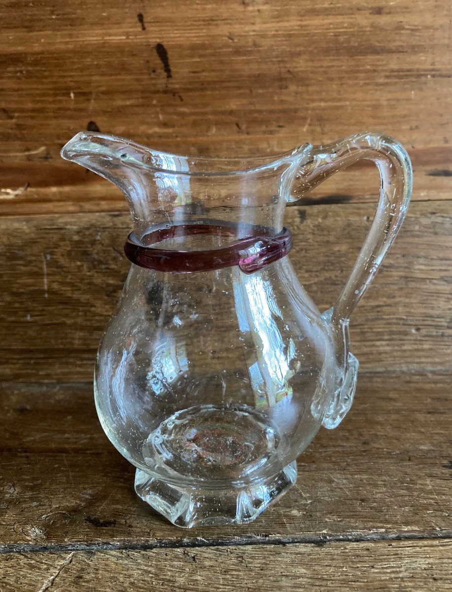 Small Translucent Blown Glass Pitcher Decorated With Purple  Line On Neck - Late 18th Glassware-photo-2