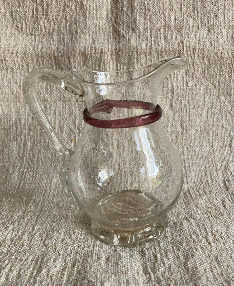 Small Translucent Blown Glass Pitcher Decorated With Purple  Line On Neck - Late 18th Glassware-photo-3