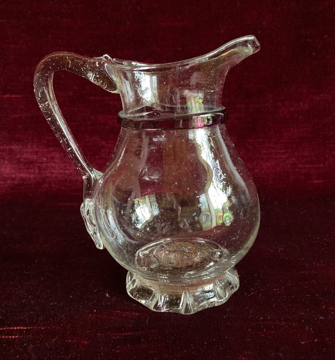 Small Translucent Blown Glass Pitcher Decorated With Purple  Line On Neck - Late 18th Glassware-photo-4