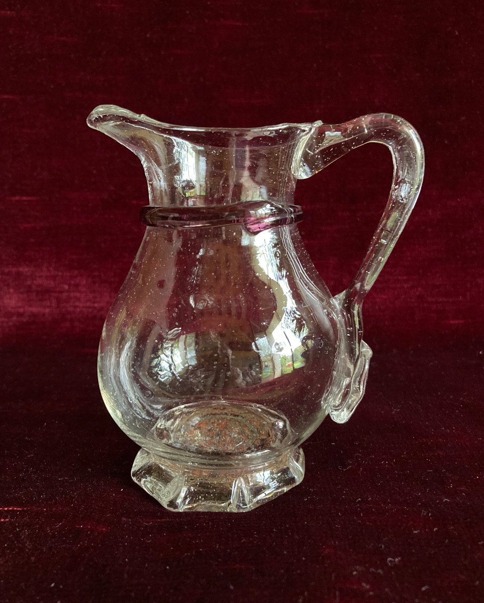 Small Translucent Blown Glass Pitcher Decorated With Purple  Line On Neck - Late 18th Glassware-photo-1
