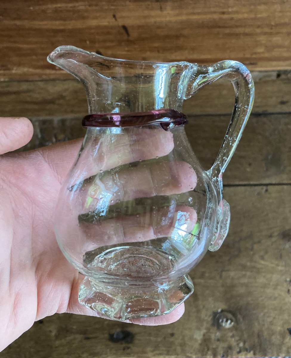 Small Translucent Blown Glass Pitcher Decorated With Purple  Line On Neck - Late 18th Glassware-photo-2