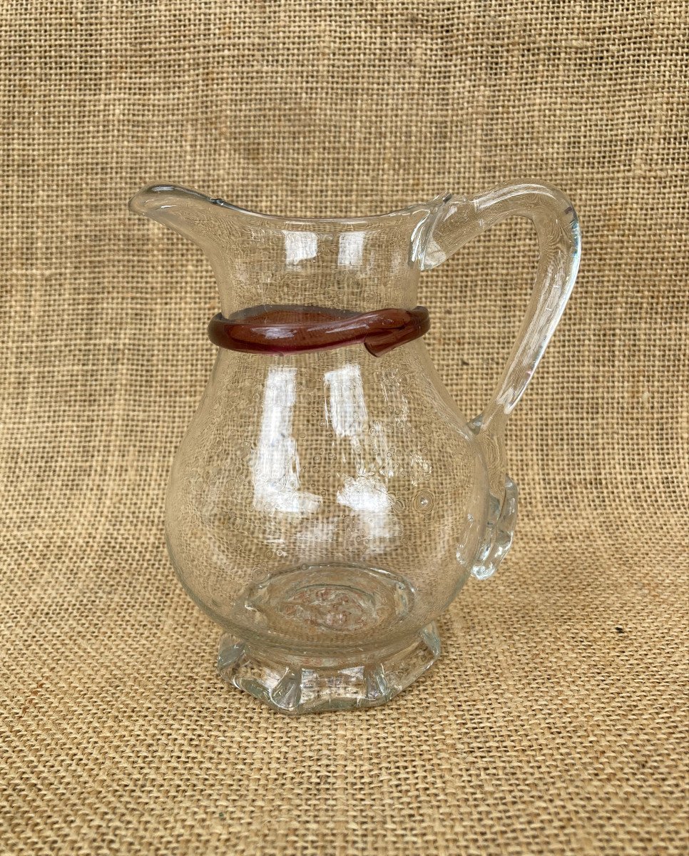 Small Translucent Blown Glass Pitcher Decorated With Purple  Line On Neck - Late 18th Glassware-photo-7