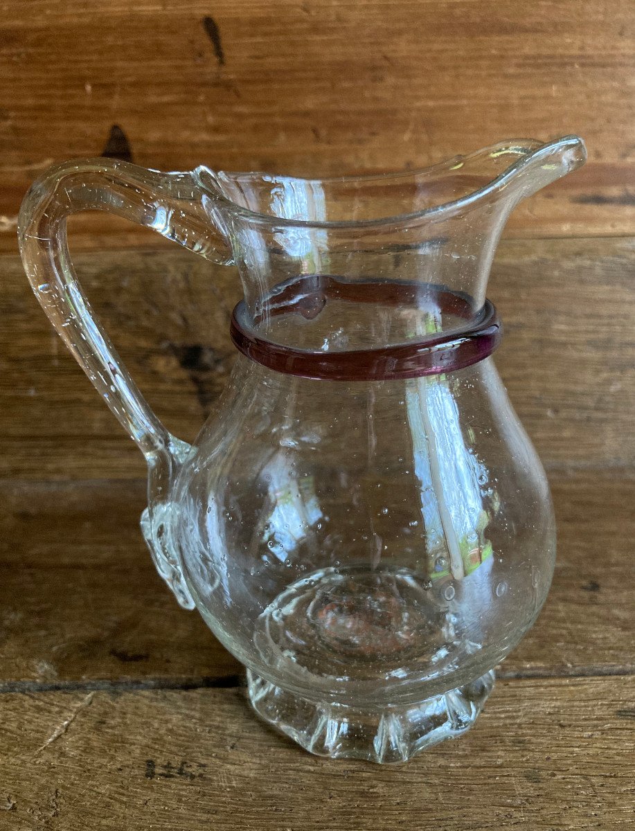 Small Translucent Blown Glass Pitcher Decorated With Purple  Line On Neck - Late 18th Glassware