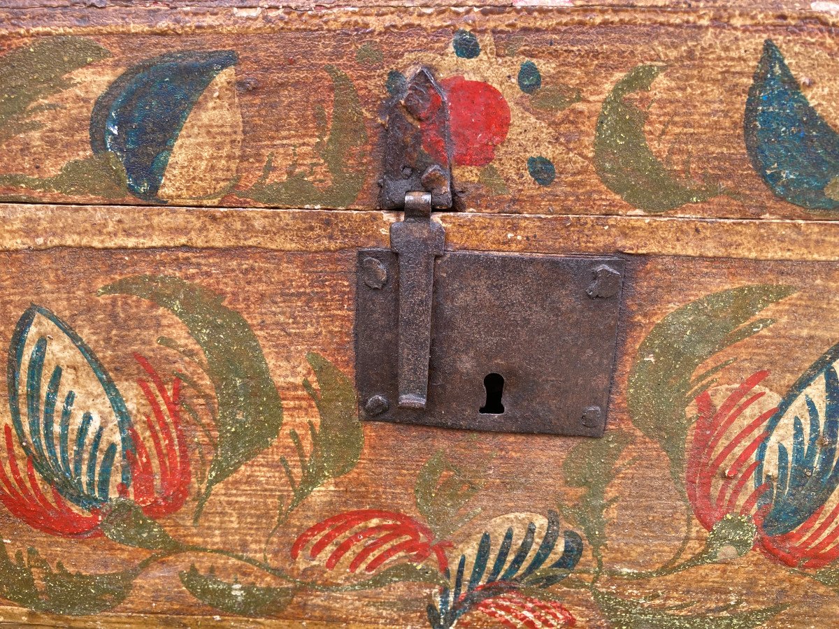 Norman Box Trunk From Rouen Wedding Chest In Painted Wood - Popular Folk Art Normandy Late XVIIIth-photo-5