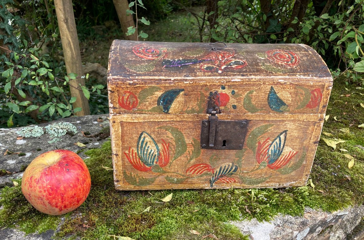 Norman Box Trunk From Rouen Wedding Chest In Painted Wood - Popular Folk Art Normandy Late XVIIIth