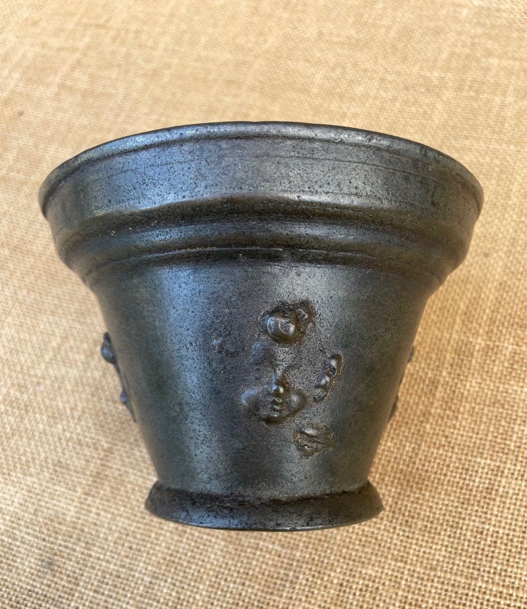 Bronze Mortar - Dubois Aupuy - Four Faces Of Putti - 18th Century-photo-1