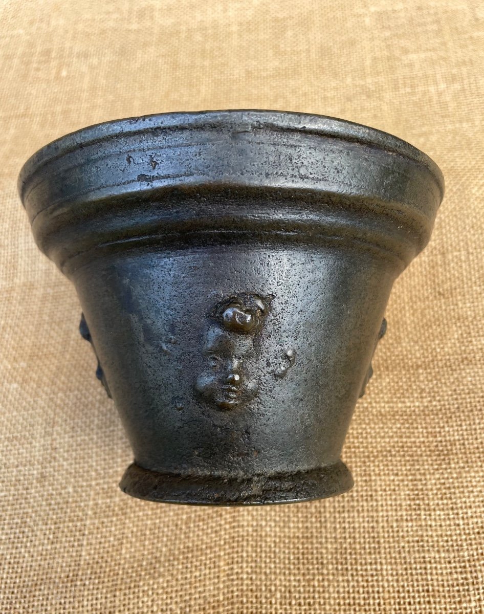 Bronze Mortar - Dubois Aupuy - Four Faces Of Putti - 18th Century-photo-3