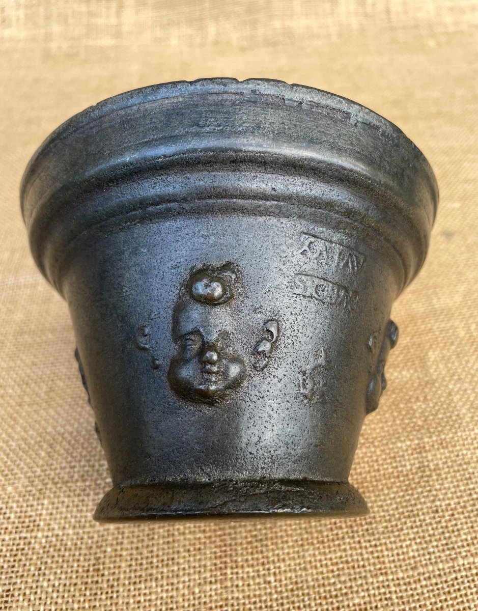 Bronze Mortar - Dubois Aupuy - Four Faces Of Putti - 18th Century-photo-4