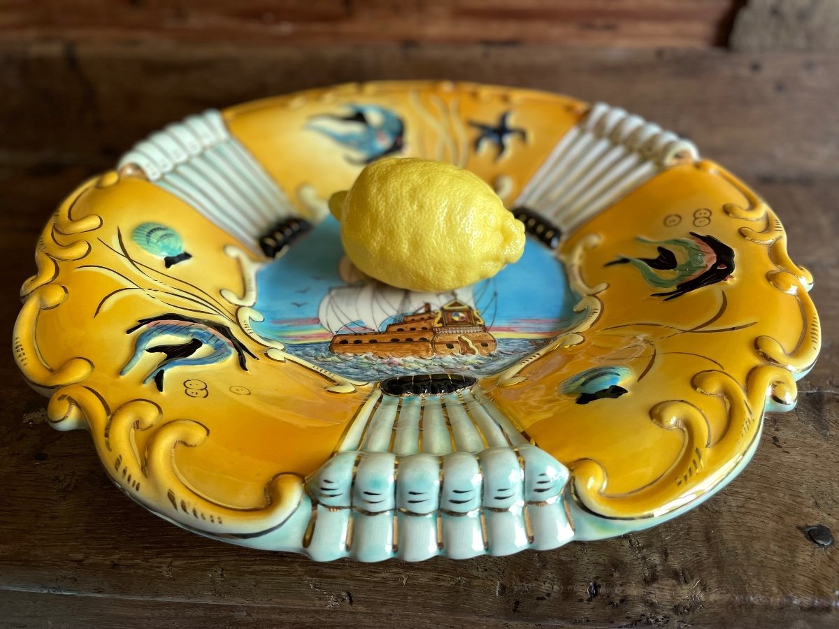 Large Fine Earthenware Dish From Monaco - Boat Polychrome And Gold Signed On The Back 1950s -photo-3