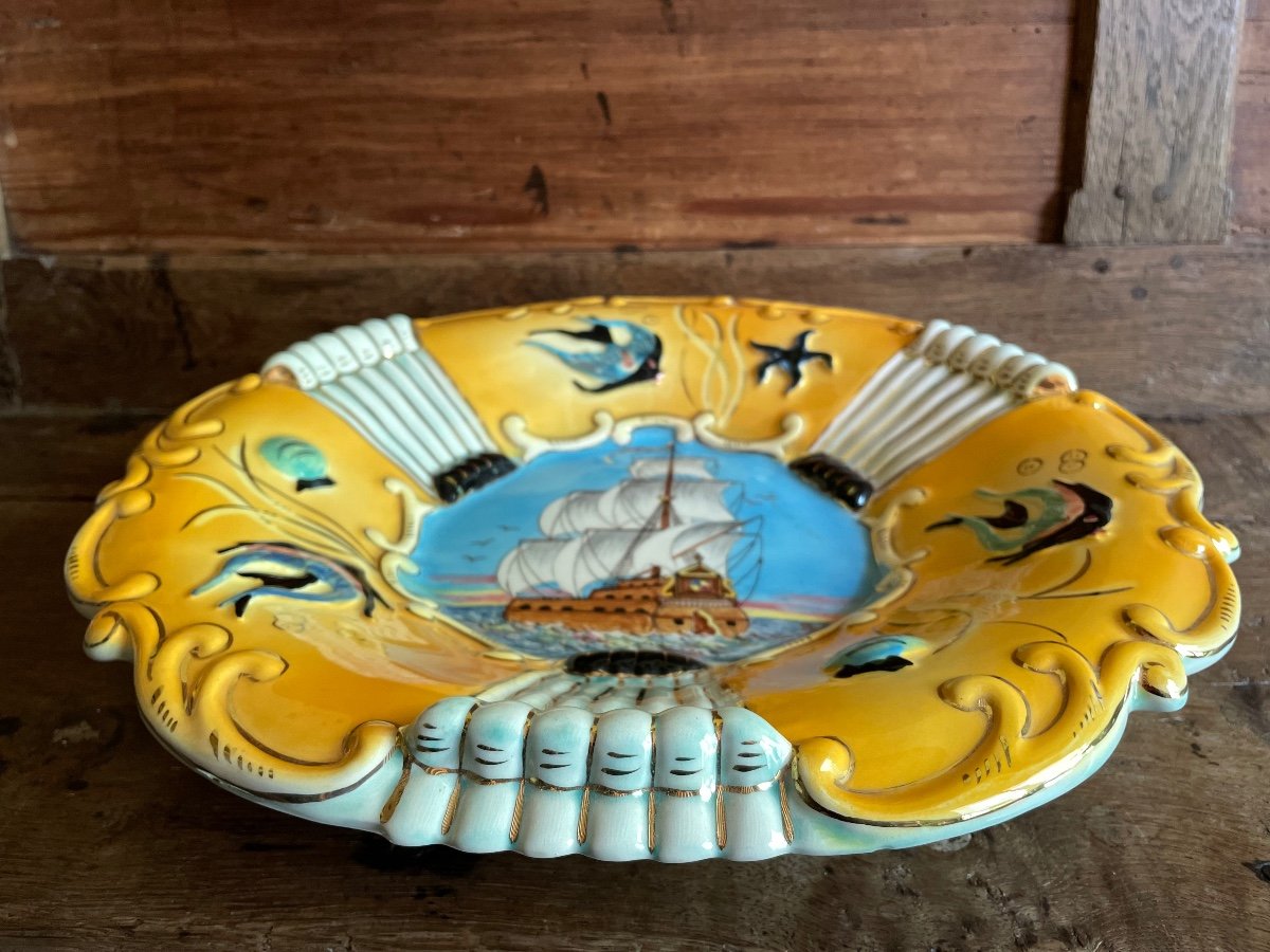 Large Fine Earthenware Dish From Monaco - Boat Polychrome And Gold Signed On The Back 1950s -photo-1