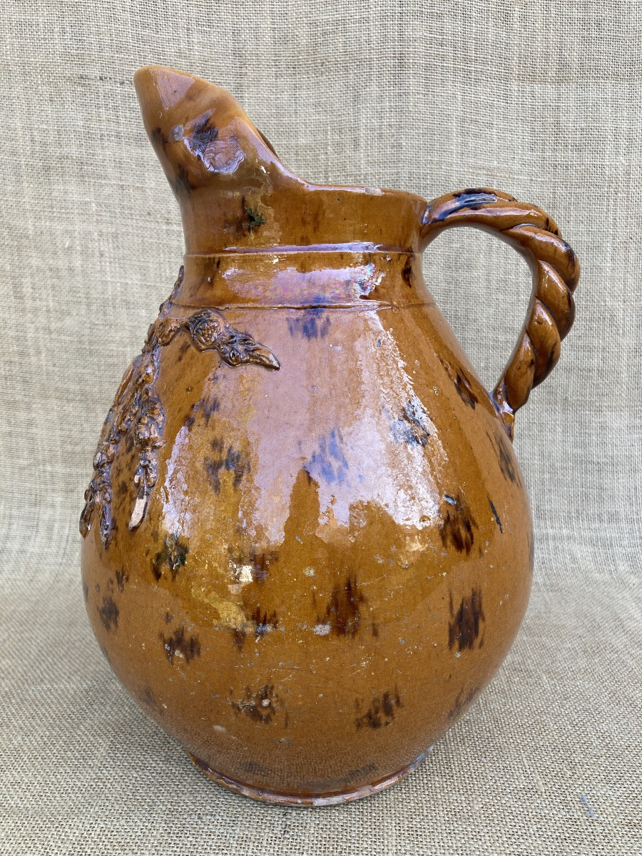 Large Jug With Flap, Glazed Earthenware, Breton, Rennes 1873, Folk Art -photo-2