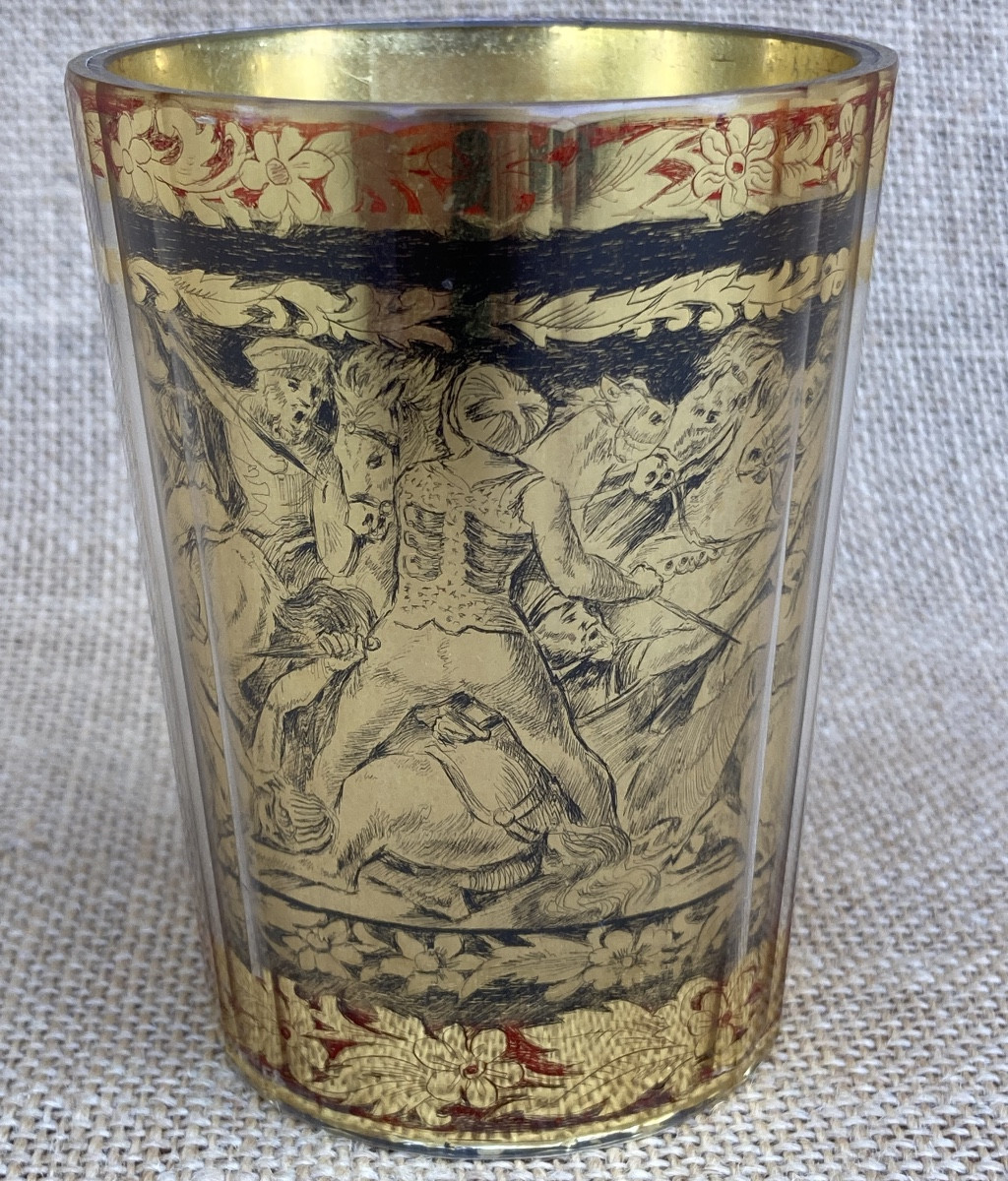 Zwischengoldglas, Double-walled Glass Goblet. Bohemian, Germany, 18th Century. Signed -photo-2