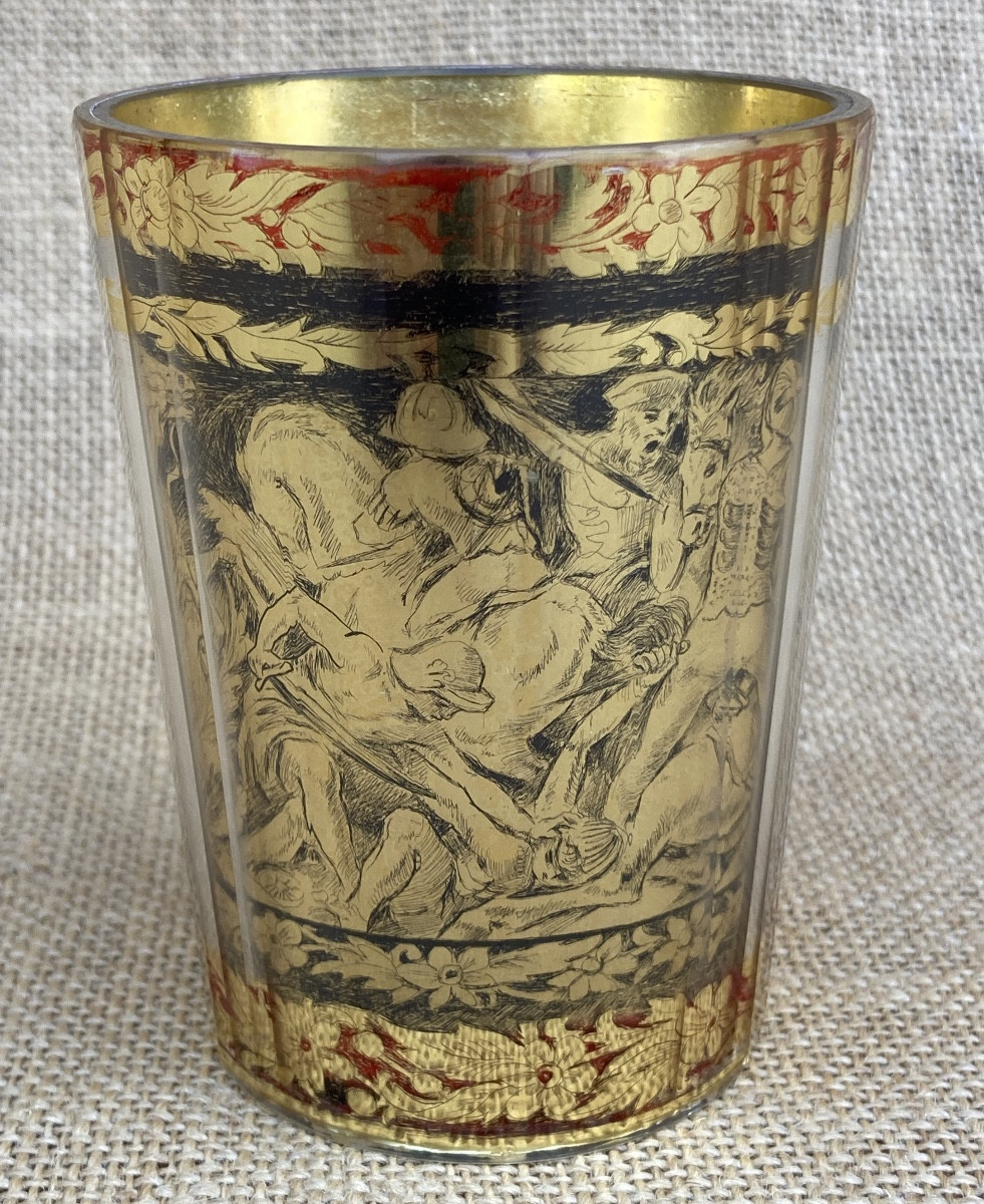 Zwischengoldglas, Double-walled Glass Goblet. Bohemian, Germany, 18th Century. Signed -photo-3