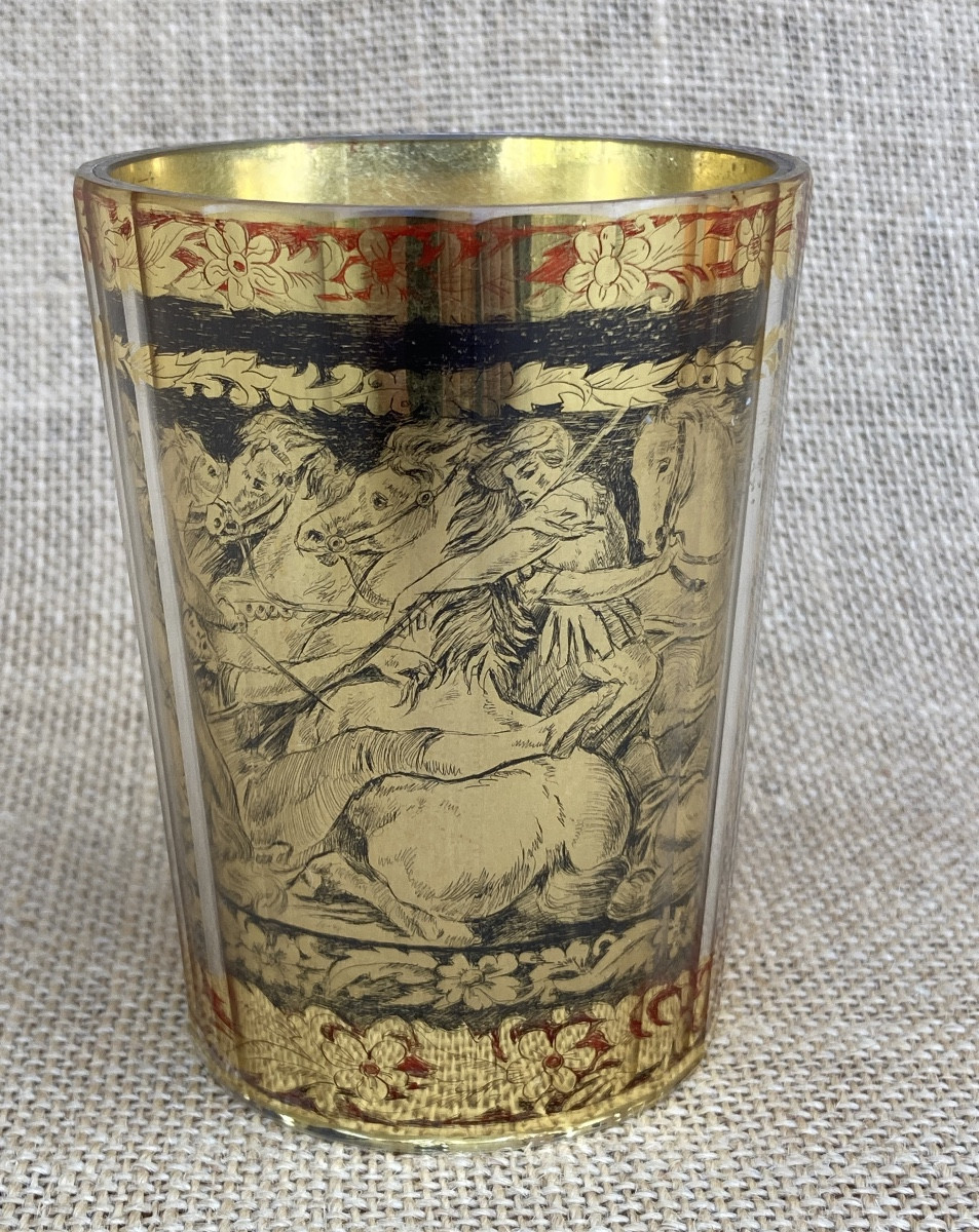 Zwischengoldglas, Double-walled Glass Goblet. Bohemian, Germany, 18th Century. Signed -photo-2