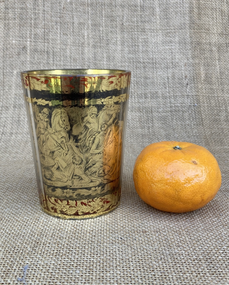 Zwischengoldglas, Double-walled Glass Goblet. Bohemian, Germany, 18th Century. Signed -photo-8