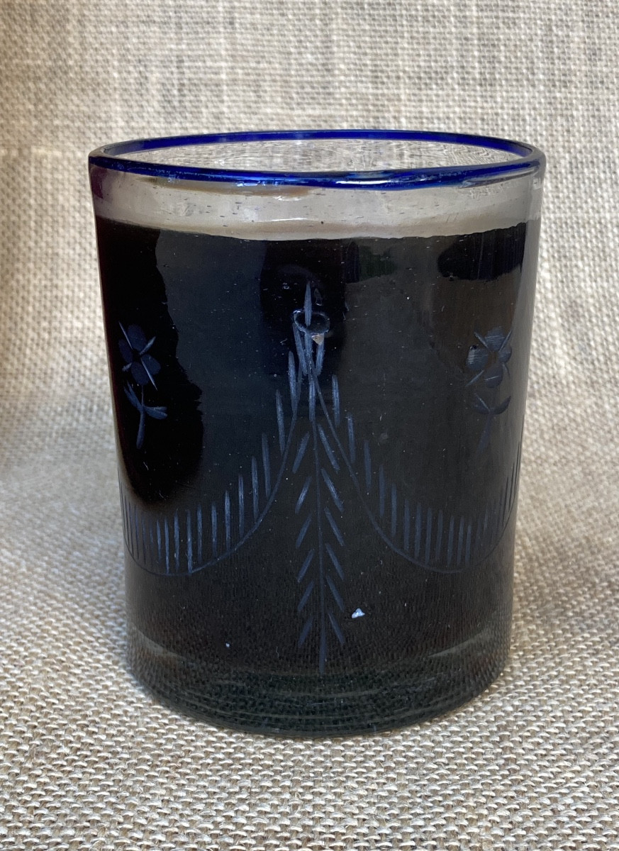 Norman Glass Goblet With Blue Rim, Folk Art, 18th / 19th Century-photo-1
