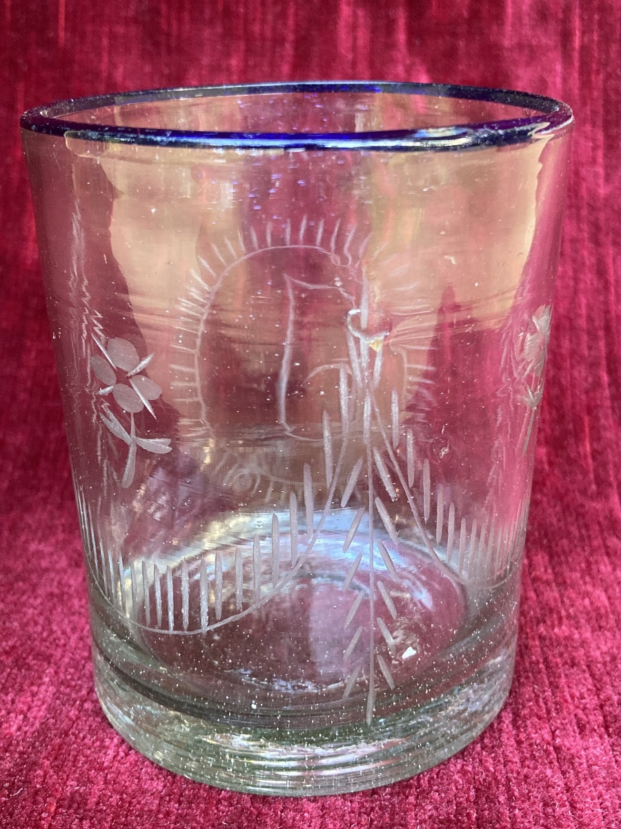 Norman Glass Goblet With Blue Rim, Folk Art, 18th / 19th Century-photo-5