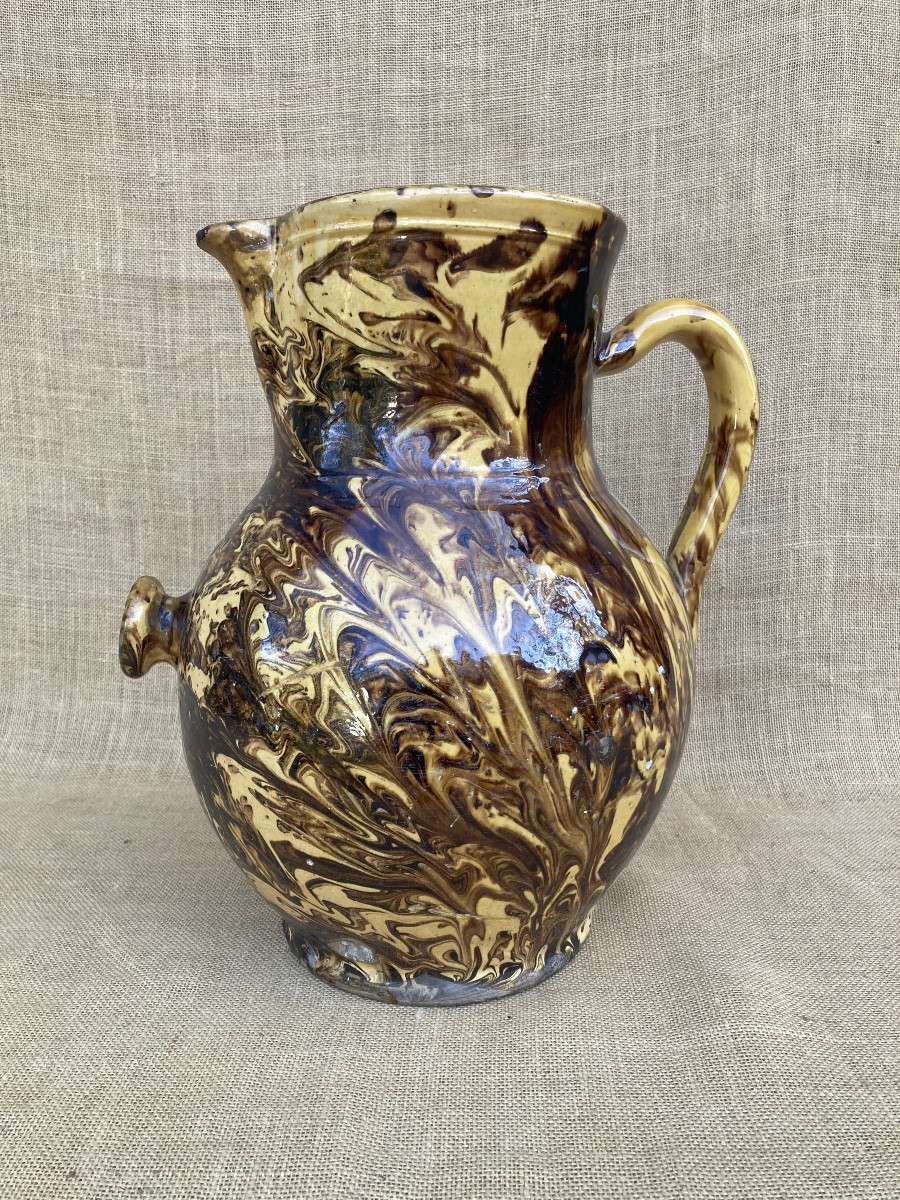 Large Glazed Earthenware Pitcher With Handle, Savoie Or Dauphiné, 19th Century