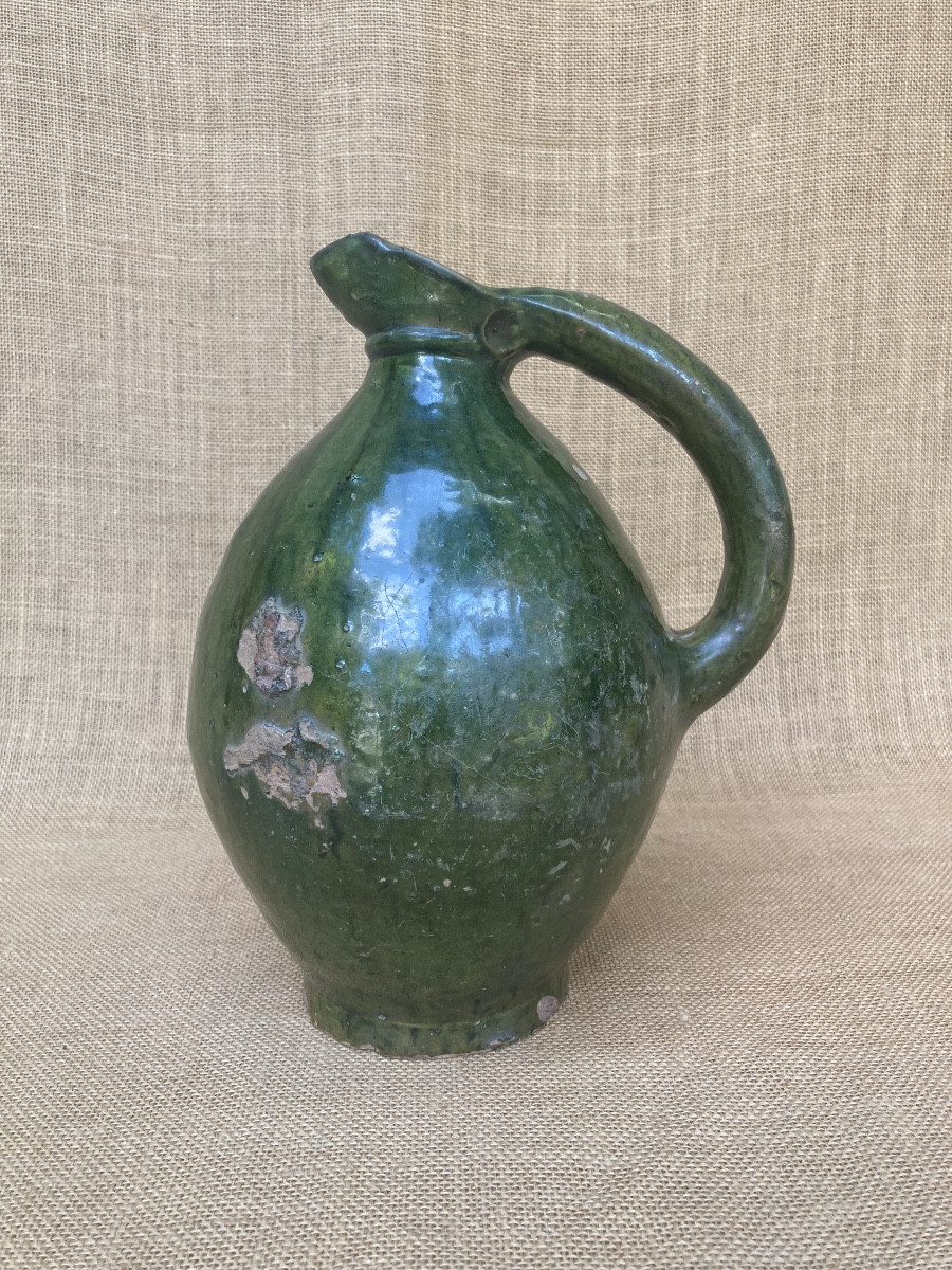 Pitcher, Glazed Earthenware Jug, Pré d'Auge Pottery, Normandy, Calvados, 19th Century.-photo-2