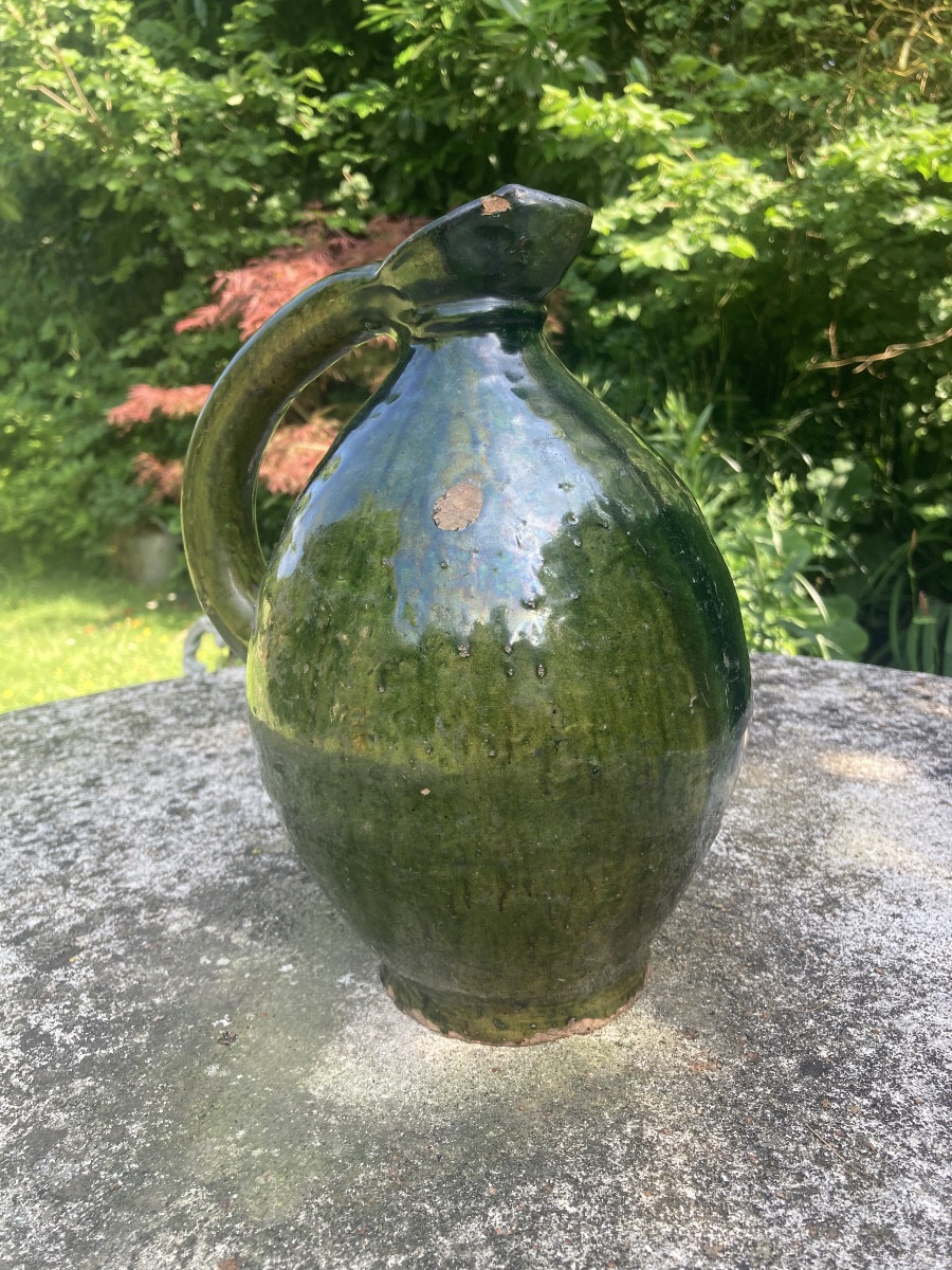 Pitcher, Glazed Earthenware Jug, Pré d'Auge Pottery, Normandy, Calvados, 19th Century.-photo-1
