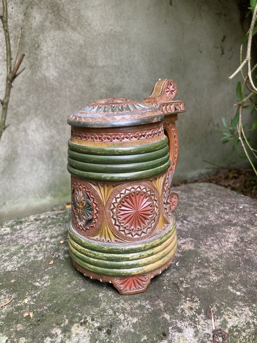 Swedish Beer Mug In Polychrome Carved Wood From The Early 20th Century, Folk Art.-photo-2