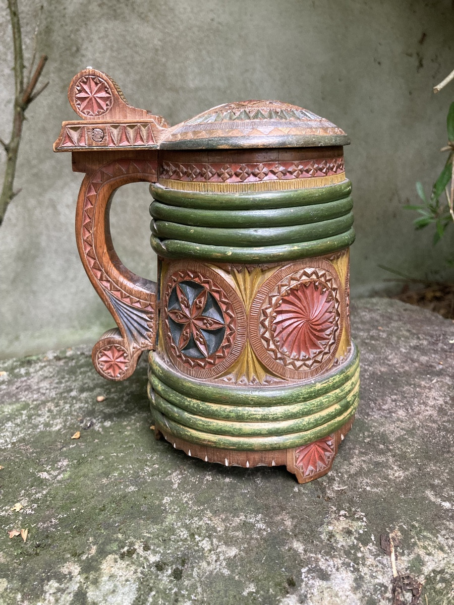 Swedish Beer Mug In Polychrome Carved Wood From The Early 20th Century, Folk Art.-photo-1