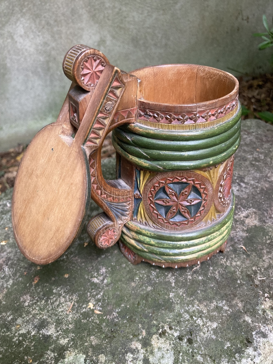 Swedish Beer Mug In Polychrome Carved Wood From The Early 20th Century, Folk Art.-photo-5