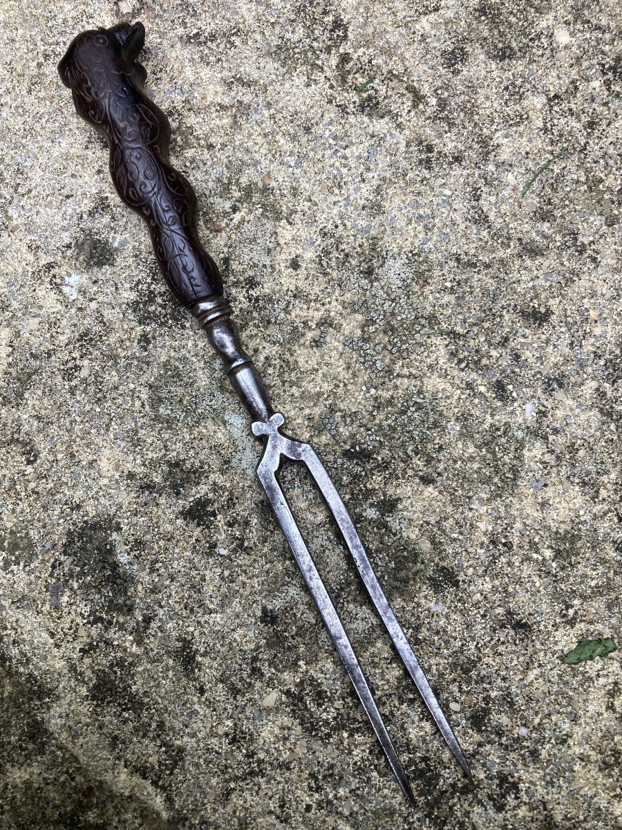Two-pronged Spear Fork, Dolphin Head Handle, 17th Century. Tableware, Folk Art.-photo-2