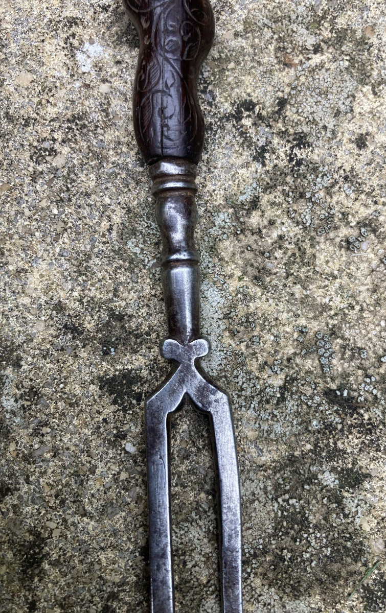 Two-pronged Spear Fork, Dolphin Head Handle, 17th Century. Tableware, Folk Art.-photo-3