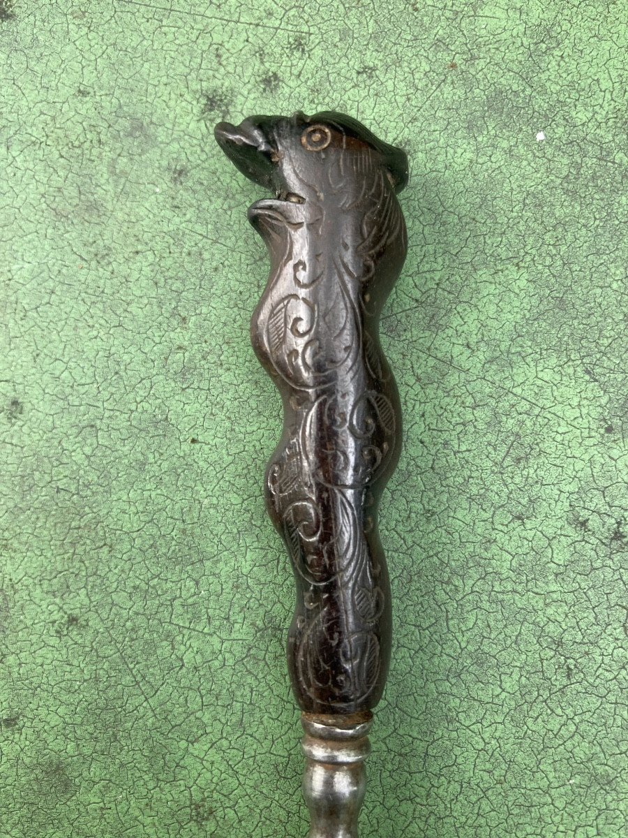 Two-pronged Spear Fork, Dolphin Head Handle, 17th Century. Tableware, Folk Art.-photo-4