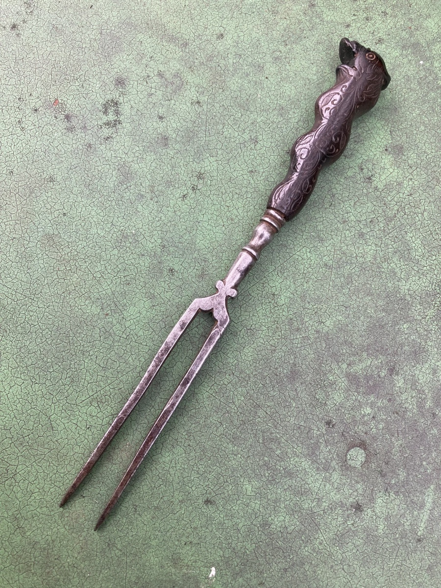 Two-pronged Spear Fork, Dolphin Head Handle, 17th Century. Tableware, Folk Art.-photo-7