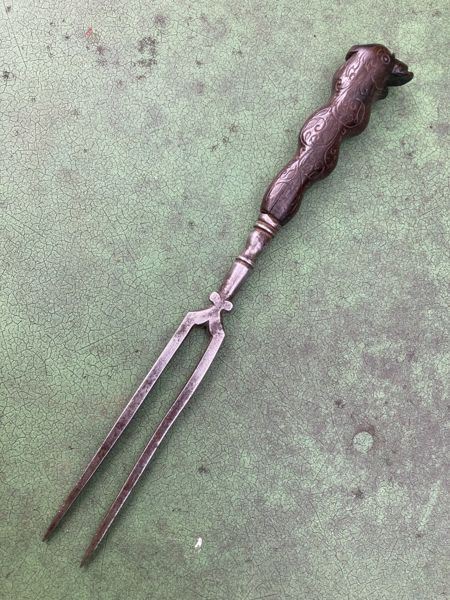 Two-pronged Spear Fork, Dolphin Head Handle, 17th Century. Tableware, Folk Art.-photo-8