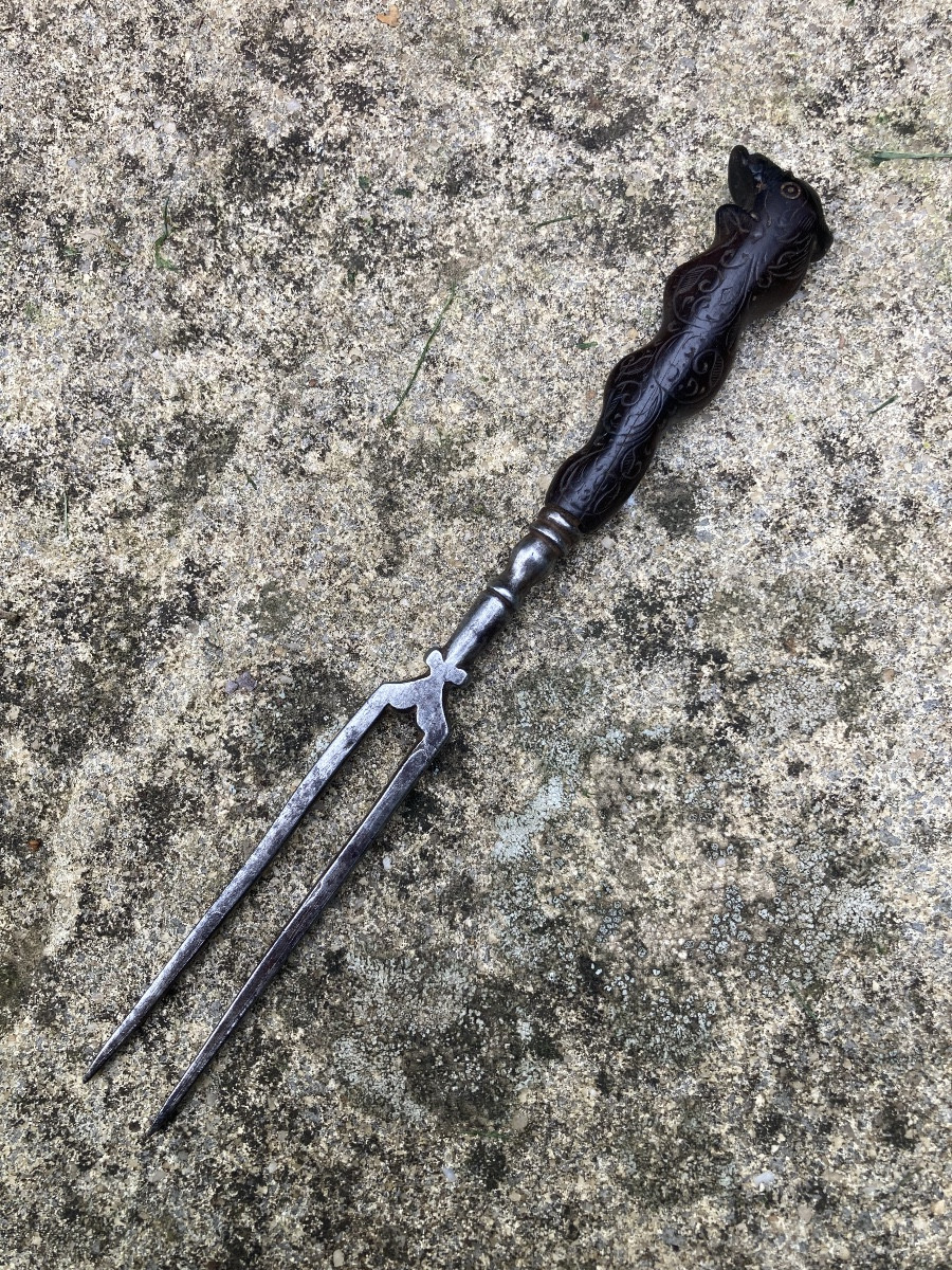 Two-pronged Spear Fork, Dolphin Head Handle, 17th Century. Tableware, Folk Art.