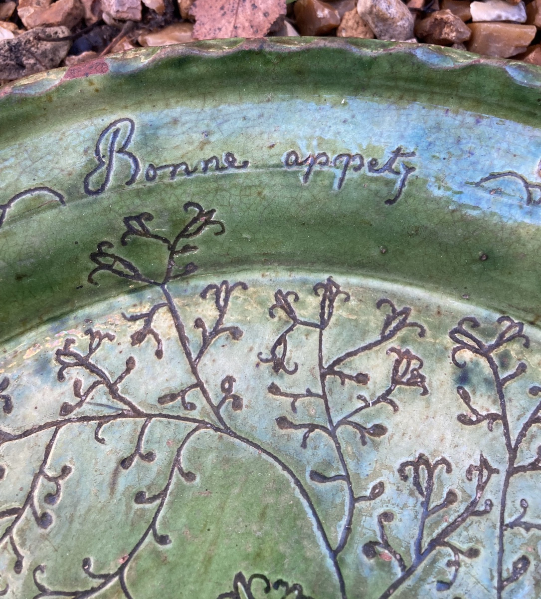 Glazed Earthenware Dish With A Central Boss, From The Gard Region, Vauvert, 18th Century, Folk Art -photo-2