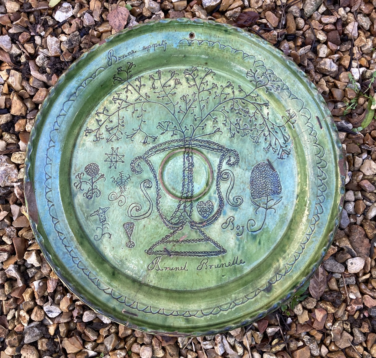 Glazed Earthenware Dish With A Central Boss, From The Gard Region, Vauvert, 18th Century, Folk Art 