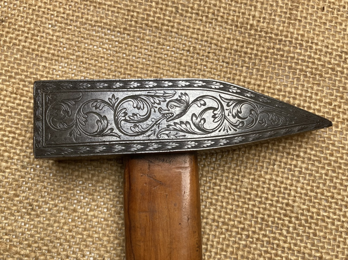 Chiseled, Engraved, Highly Decorated Hammer, Wrought Iron, Tool, Folk Art Late 19th C. Early 20th C.