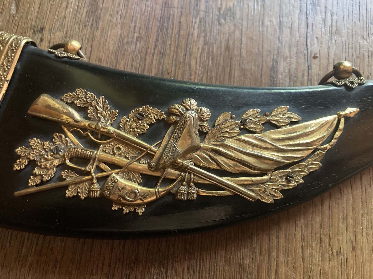 Black Horn Powder Flask, Powder Pear, Gilded Brass Decoration, Empire Period, Early 19th Century.-photo-8