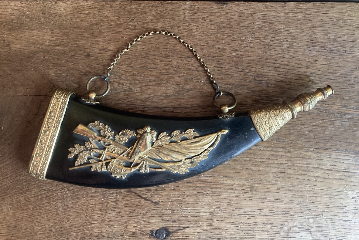 Black Horn Powder Flask, Powder Pear, Gilded Brass Decoration, Empire Period, Early 19th Century.