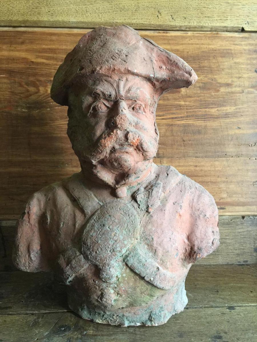 Heudebouville's Ridge Head - Roof Tip Statue - Pottery Of Normandy XIXth Folk Art