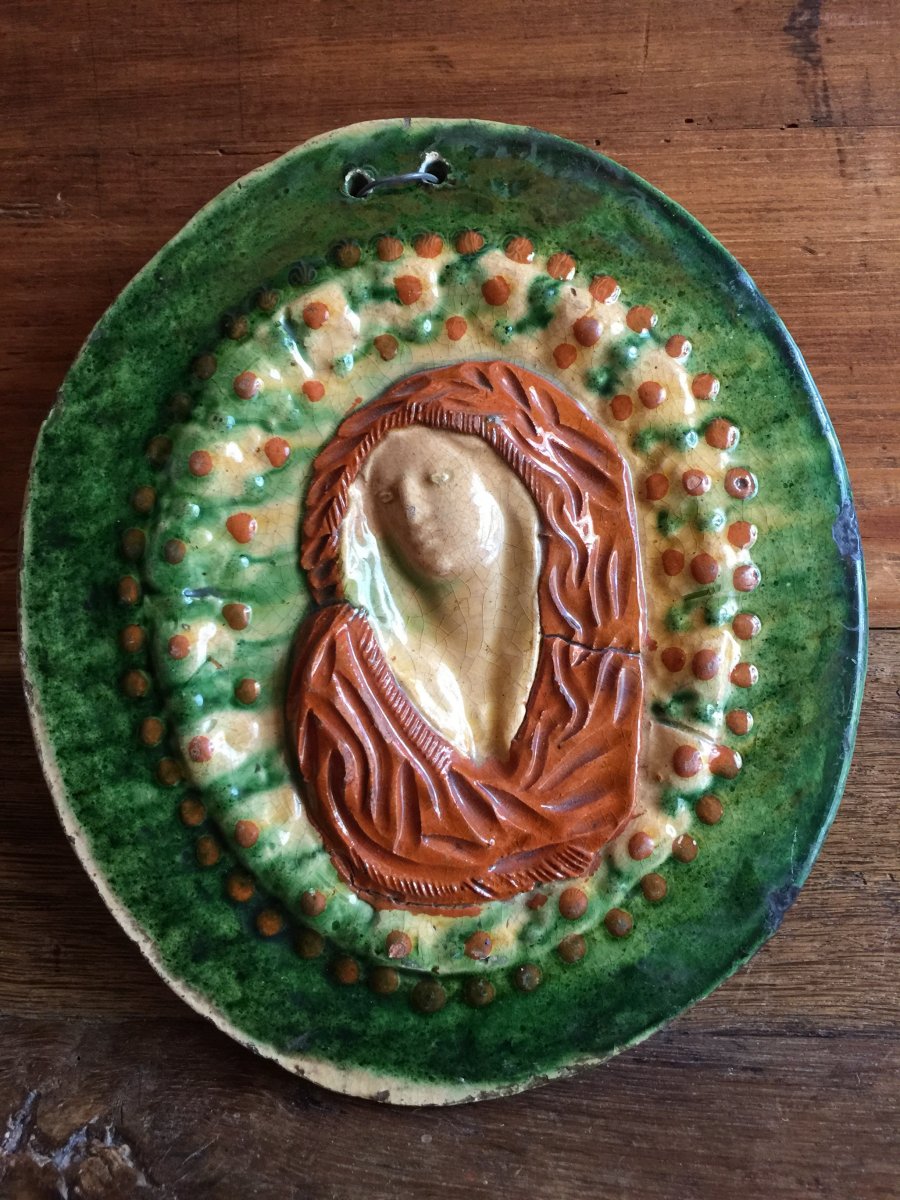 Polychrome Glazed Earthware Medallion - Virgin Normandy Early 19th (or Earlier) Martincamp?